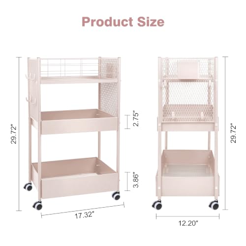 3 Tier Rolling Storage Cart Metal Utility Cart with Wheels | Office Organizer with Hooks & Hanging Cups, Mobile Shelving Unit for Kitchen Nursery Craft Snack Book - color: Blush Pink