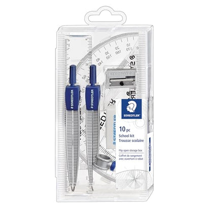 STAEDTLER School Kit Math Geometry Set - 10-Piece Compass, Protractor & Ruler Kit with Flip Open Storage Box - Clear Measuring Tools - Student Drawing Supplies