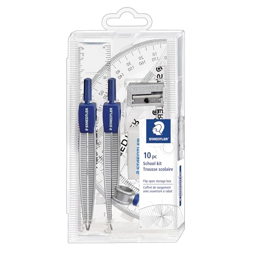 STAEDTLER School Kit Math Geometry Set - 10-Piece Compass, Protractor & Ruler Kit with Flip Open Storage Box - Clear Measuring Tools - Student Drawing Supplies