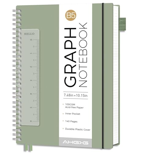AHGXG Spiral Graph Paper Notebook, 140 Pages, B5 (7.6" x 10") | 100 gsm Thick Grid Paper, Waterproof Plastic Cover, for School Writing Engineering (Sage Green) - color: Sage Green, style: B5-Graph