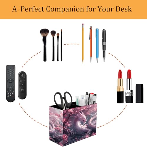 Pen Holder for Desk, PU Leather Multifunctional Desktop Storage Box and Anti-Slip Mouse Pad Set, Makeup Brush Holder Pen Organizer for Office and Home - Cherry Pink Dragon - color: Cherry Pink Dragon