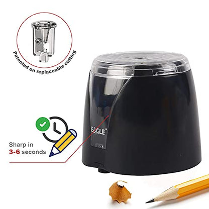 Eagle Electric Pencil Sharpener, Battery Powered, Large Shaving Holders, Carbon Steel Blades, Portable, Reusable and Replaceable Blade, Suitable for Kids, Home, School and Office use,Black - color: Black