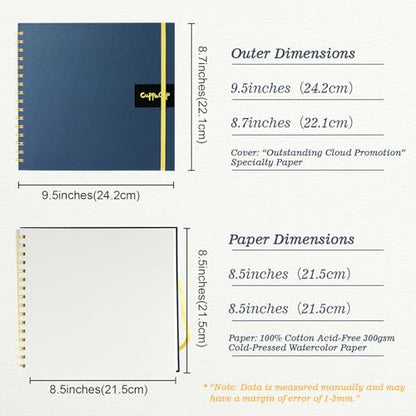 CuppaClip Watercolor Paper 9"x8.5" 300GSM 140LB Spiral Bound Cotton Water Color Pad Cold Press Inner Pocket Art Supplies (Blue) - color: Blue