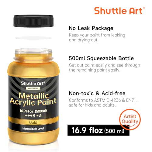 Shuttle Art Metallic Gold Acrylic Paint, 16.9 oz(500 ml) Large Gold Leaf Paint With Brush, Non Toxic, Non Fading Gold Paint for Crafts, Metal, Wood, Clay, Ceramic, Canvas, Furniture - color: Gold, size: 16.9 Fl Oz (Pack of 1)