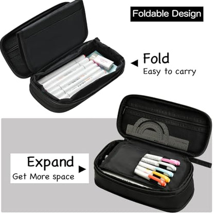 YOKUMA Foldable Pencil Case Pouch Bag for Boys Teens Big Capacity Box,Black | Expandable,Cute,Durable Zipper,Lightweight,Aesthetic,Back to School Supplies Gift for Kids Students College Adults Preppy - color: Black