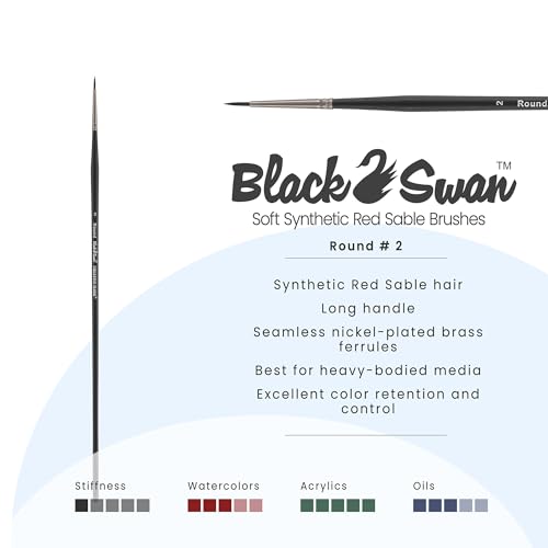 Black Swan Synthetic Red Sable Round Paint Brushes - Round Size # 2 - Professional Quality Long Handle Paint Brushes for Oil, Heavy Body Media and Acrylic - Artists of All Levels - size: Size 2