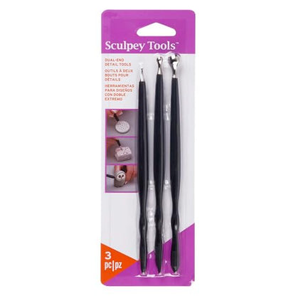 Sculpey Tools 3pc Dual End Clay Detail Tools - Sculpting & Shaping Set | Includes metal ball stylus and flexible tips in 3 sizes for smoothing, blending, and detailing polymer or air dry clay