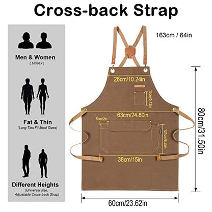 Genixart Chef Apron Men Women, Kitchen Aprons Cooking, BBQ - Brown | Box Packed, Cotton Canvas, Cafe, Bar, Workshop, Restaurant, Water & Oil Stain Resistant, Cross Back Adjustable, Large Pockets - color: Brown