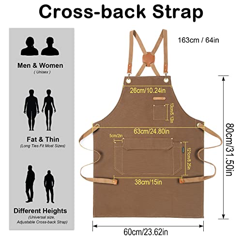Genixart Chef Apron Men Women, Kitchen Aprons Cooking, BBQ - Brown, 6 Pack | Box Packed, Cotton Canvas, Cafe, Bar, Workshop, Restaurant, Water & Oil Stain Resistant, Cross Back Adjustable, Large Pockets - color: Brown, 6 Pack
