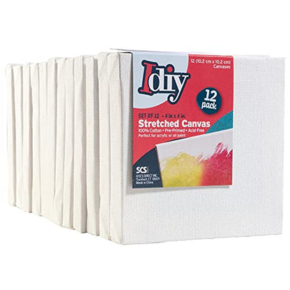 iDIY Stretched Canvas Board 4 x 4 (Set of 12) 5/8" - Classic White Blank, Pre Primed for Oils or Acrylics, 100% Cotton, Acid Free - Professional Grade for Painting or Art Project, Craft, Mixed Media - size: 4 x 4 inches (set of 12)