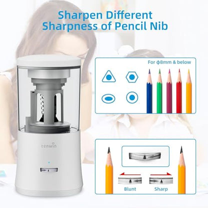 tenwin Fully Automatic Pencil Sharpener for 6-8mm Pencils, Hands-Free - color: White