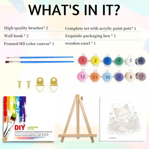 Fox Paint by Numbers Kit for Kids with Frame Wooden Easel, 8x8 inch - color: style-16