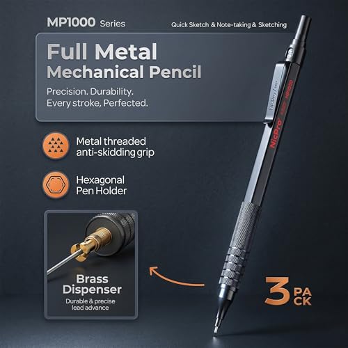 Nicpro Mechanical Pencils 0.7mm in Case, 3 Pack Metal Pencils Set, Black | 480PCS HB Lead Refills, 3 Erasers, 9 Eraser Refills, Anti-slip Grip, Art Sketching Pencil for Writing Drawing Drafting - color: Black, style: 0.7 MM