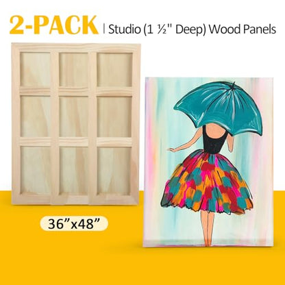 2 Pack 36x48'' Unfinished Gallery Birch Wood Canvas Panels | 1 1/2’’ Deep Wood Canvas, Cradle Boards for Painting, Acrylic Pouring, Art, Crafts, Epoxy Resin, Laser Engraving Cutting - size: 36*48 2 Pack