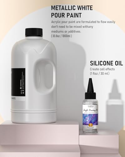 Nicpro White Metallic Pearl Color Acrylic Pour Paint, 33.8oz Pre-Mixed | Pouring Paint Supplies with Silicone Pour Oil, Gloves for Canvas,Rock,Wood Cell Creation Flow DIY Art Painting, Ready to Pour - color: 33.8oz-metallic white