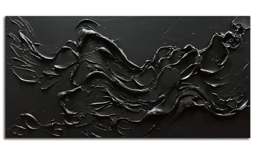 zoinart 100% Hand Painted Thick Texture Black Wall Art Minimalist Oil Painting Contemporary Art 24x48 Inches Oil on Canvas Black Texturd Wall Art Home Decoration - color: BL-075