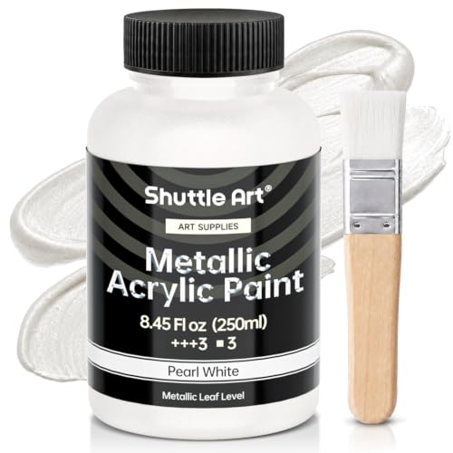 Shuttle Art Metallic Pearl White Acrylic Paint, 8.45 oz (250 ml) Pearlescent Acrylic Paint With Brush, Non Toxic, Non Fading Shimmer White Paint for Crafts, Metal, Wood, Clay, Ceramic, Canvas, Furniture - color: Pearl White, size: 8.45 Fl Oz (Pack of 1)