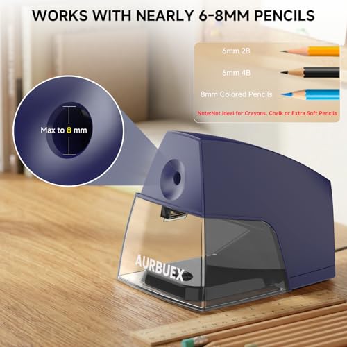 Electric Pencil Sharpener for 6 to 8 mm Pencils Helical Blade Fast 4 Second Sharpening Large Shavings Bin Non Slip Feet Safe Design for Classroom Office and Home Blue(S1131) - color: Blue