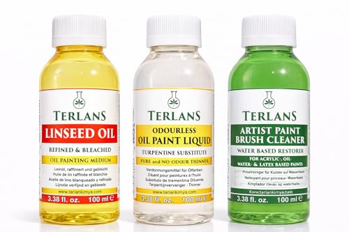 TERLANS Oil Painting Essentials Set, 3x100 ml (3x3.38 Fl.Oz.) | Linseed Oil, Brush Cleaner & Odourless Oil Paint Liquid for Smooth Flow, Controlled Dilution & Paint Care | Artist Oil Painting Supplies