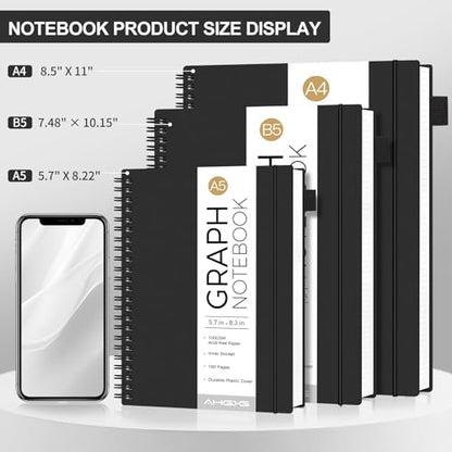 AHGXG Spiral Graph Paper Notebook, 140 Pages, B5 (7.6" x 10") | 100 gsm Thick Grid Paper, Waterproof Plastic Cover, for School Writing Engineering (Black) - color: Black, style: B5-Graph