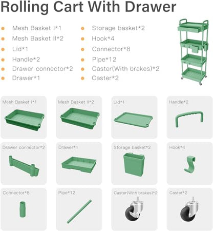 Sorgion 4 Tier Rolling Cart Organizer,Art Craft Diaper Bedside Snack Laundry Room Bathroom Organizer Narrow Thin Slim Rolling Trolley Utility Cart with Wheels for Kitchen,Office(Green) - size: 4Tier-Green