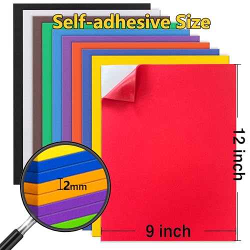 MEARCOOH Self Adhesive Foam Sheets, 10 Colors 9x12 Inch 2mm Sticky Eva Foam Paper for Crafts Cardmaking Photo Frames Classroom Scrapbooking Christmas Crafts (Multi-Color 10 Sheets) - color: 10 Colors Self-adhesive, size: 9X12in-2mm