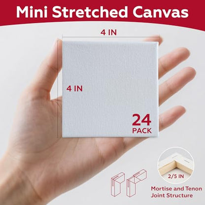 Stretched Canvas for Painting,24Pack 4X4 Inch Mini Stretched White Blank Canvas, 2/5In Profile Small Square Stretched Canvases,Canvas for Painting for Chilren,Birthday,Party,Teaching Class.