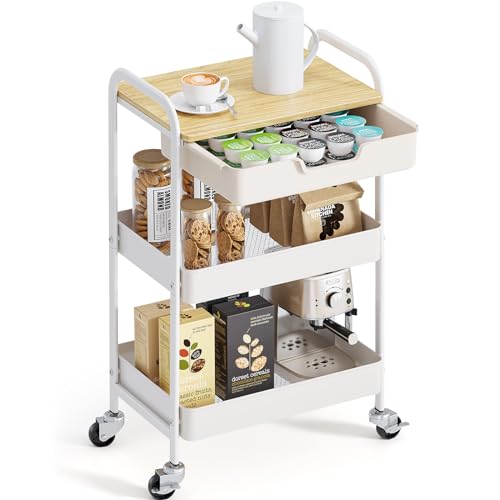 TOOLF 3-Tier Metal Utility Rolling Cart with Drawer and Wooden Table Top, Storage Cart White Trolley Kitchen Organizer Rolling Desk with Locking Wheels for Office, Classroom, Home, Bedroom - color: Light Color