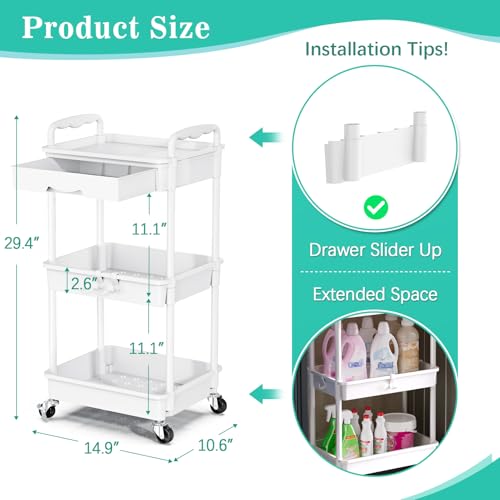 SUNALLY 3 Tier Rolling Cart with Drawer, Craft Storage Cart Organizer,White - color: White, size: 3 Tier