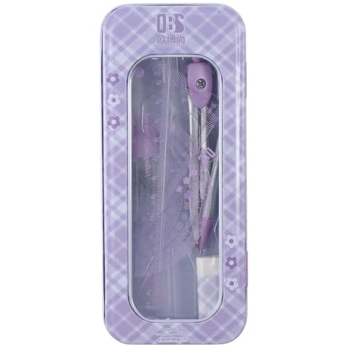 okhobby 8 Pieces Metal Geometry Set, Compass Math Compass and Protractors Geometry with Storage Case, Purple
