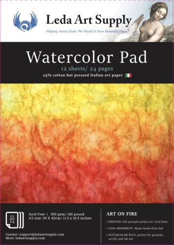 Leda Art Supply Hot Pressed Watercolor Pad Jumbo 2 Pack (24 Sheets) 300 Gram - 140 Pound 25% Cotton fine Italian Art Paper with Smooth Surface for Professional renderings (A3 Size 11.5 x 16.5 inches) - size: 11.5 x 16.5 inches