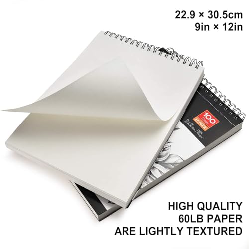 AGPtEK Sketch Book, Art Drawing Pad 9 X 12, 100 Sheets, 60lb/100g, 2 Pack - size: Top Spiral-Bound
