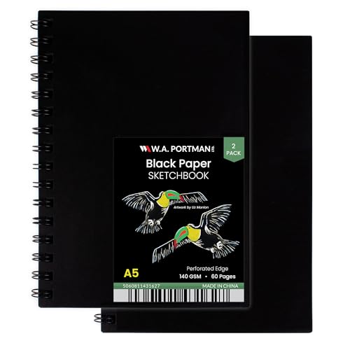 WA Portman Black Paper Notebook A5, 140 GSM (2-Pack) 60 Pages Sketchpad | 2-Pack Dark Paper Sketchbook A5 (6" X 8.25") Black Page Sketchbook, Black Paper Journal 60 Pages (30 Sheets) Watercolor Paper - size: A5 2 Pack