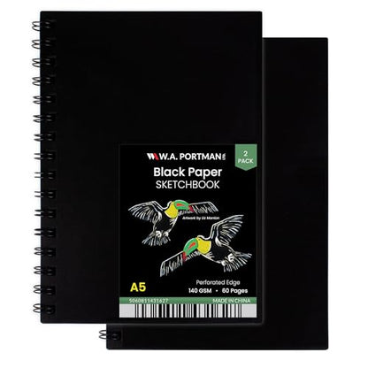 WA Portman Black Paper Notebook A5, 140 GSM (2-Pack) 60 Pages Sketchpad | 2-Pack Dark Paper Sketchbook A5 (6" X 8.25") Black Page Sketchbook, Black Paper Journal 60 Pages (30 Sheets) Watercolor Paper - size: A5 2 Pack