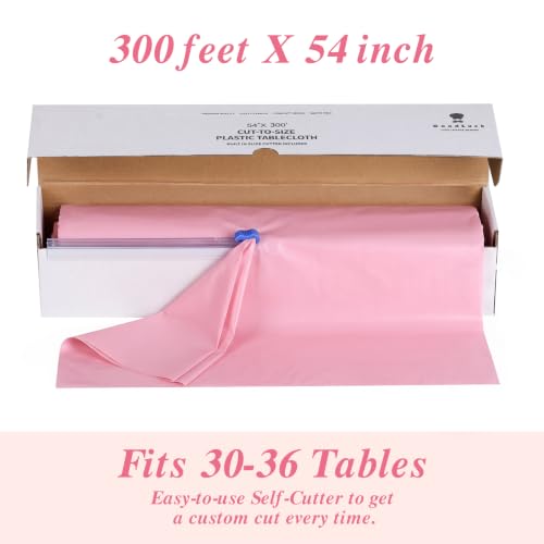 Goodluck 54 Inch x 300 Feet Pink Plastic Tablecloth Roll with Cutter Box - color: Pink, size: 15.4" x 5.5" (Rectangular)
