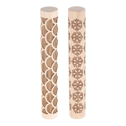 HARFINGTON 2pcs Wood Clay Roller 4"Snowflake Fan Pattern Rolling Pins Pottery Tools Wood Grain Texture Rollers for Clay Baking Dough Playdough DIY - style: Snowflake + Fan