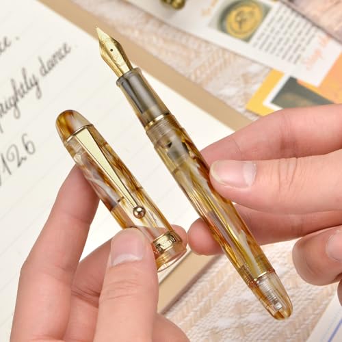 Asvine V126 Vacuum Filling Fountain Pen Brown Swirl Transparent Acrylic, Medium Nib Large-Capacity with Gift Case - color: Brown Swirl, style: Medium Nib