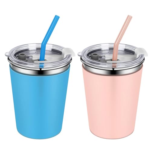 2 Pack Kids Cups with Straws and Lids Leak Proof, 12oz | Sippy Cups for Toddlers with Colorful Sleeves, Unbreakable Stainless Steel Water Tumblers (Blue & Peach) - color: Blue/Peach