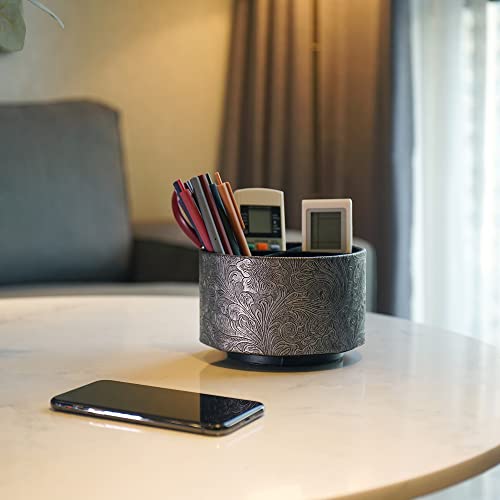 Round Leather Art Supply Organizer,Remote Control Holder,360 Degree Spinning,Multi-Functional Pencil Holder,4 Compartments Desktop Stationary Organizer(1-Grey) - color: 1-Grey