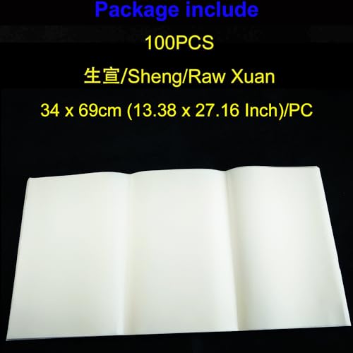 KYMY Chinese/Japanese Calligraphy Paper 100PCS, Sumi Paper/Rice Paper for Writing Painting Drawing Practice, Chinese Brush Ink Xuan Paper Sheng (Raw) Xuan (34 x 69 cm (13.38 x 27.16 Inch)) - size: Sheng (Raw) Xuan 34 x 69 cm (13.38 x 27.16 Inch)