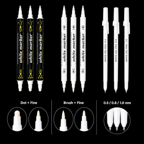 White Paint Pens Set, 9 Pack White Gel Pens and Acrylic Paint Markers | 0.5/0.8/1.0mm White Ink Pens, Dual Tip Dot Brush Fine Markers for Black Paper Drawing, Rock Painting, Card Making, DIY