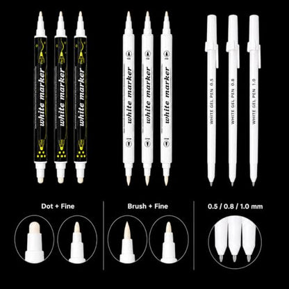 White Paint Pens Set, 9 Pack White Gel Pens and Acrylic Paint Markers | 0.5/0.8/1.0mm White Ink Pens, Dual Tip Dot Brush Fine Markers for Black Paper Drawing, Rock Painting, Card Making, DIY