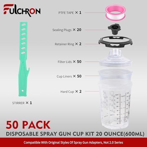 Disposable Paint Cups For Spray Gun, 6oz 125-Micron Mixing Cup With Lids | Fulchron 50PCS Paint Cup Liners with Lids, 2 Hard Cups & Adapters, Ideal for HVLP/LVLP Spray Gun 360° Spray & Less Cleanup - size: 6 ounce