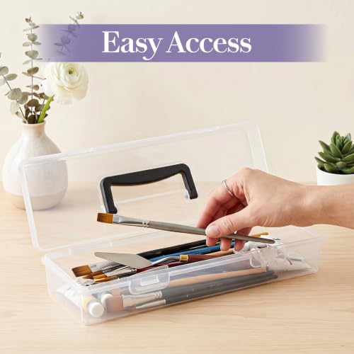 4 Pack Paint Brush Case - Portable Clear Plastic Brush Storage Box with Black Handle, 13 x 3.5 x 2.25 Inches Heavy Duty Organizer for Artists