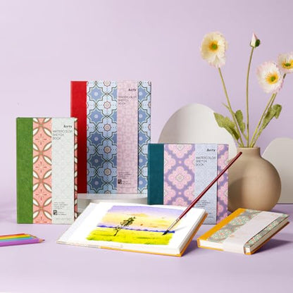 Arrtx Watercolor Sketchbook, 8.27x5.79 Hot Press | 140LB/300GSM, 100% Cotton, Hardcover, 24 Sheets. Ideal Travel Notebook for Artists, Adults, and Students - size: 8.27x5.79''