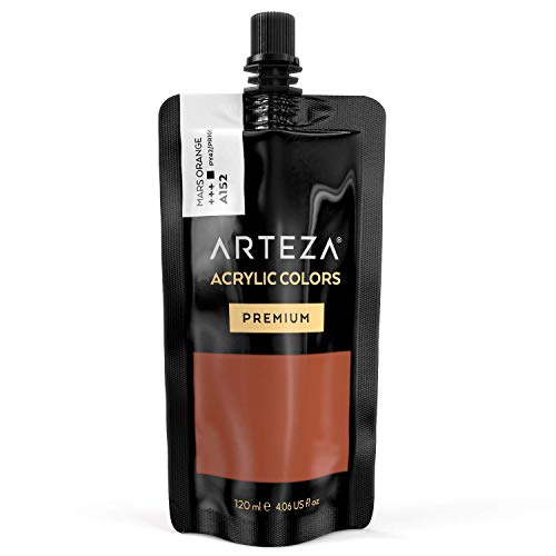 ARTEZA Acrylic Paint Mars Orange Color (120 ml Pouch, Tube), Rich Pigment, Non Fading, Non , Single Color Paint for Artists and Hobby Painters - color: Mars Orange A152, size: 4.06 Fl Oz (Pack of 1)
