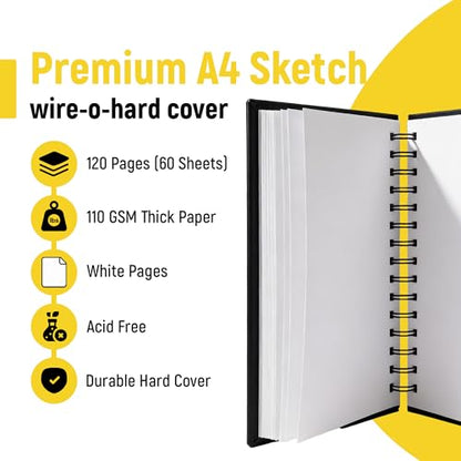 MAyART A4+ Spiral Sketchbook Hardcover, 120 Pages 110gsm White Thick Paper Drawing Sketch Book, 8.3 x 11.7 inch Wire-O Bound Artist Sketchbook, Acid-Free Sketch Pad for Pencil, Ink & Marker - size: A4