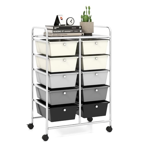 10 Drawer Rolling Cart, Storage Cart Organizer on Wheels, Drawer Cart with Metal Frame & Large Storage Capacity, Rolling Cart with Drawers for Living Room Classroom, Office - color: Gradient Gray, size: 10 Drawer