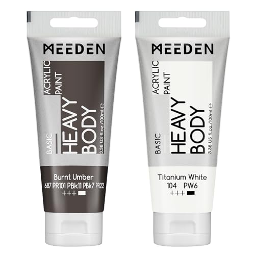 MEEDEN Acrylic Paint Burnt Umber: 100ml/3.38oz x 2 with Titanium White | Heavy Body Artist Acrylic Paint Set for Canvas, Wood & Craft, Non-toxic Creamy Art Paint with Titanium White for Mixing - color: Burnt Umber, size: 2 Tubes