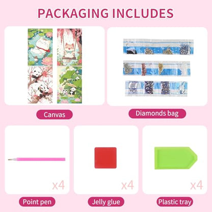 PERFECTSIGHT Cute 5D Diamond Art Kits, Kawaii DIY Painting Art for Adults Teen, 4 Pack Diamond Arts and Crafts Sets, Big Gem Full Drill Diamond Dots for Women (Cat+Panda) - style: Cat+Panda
